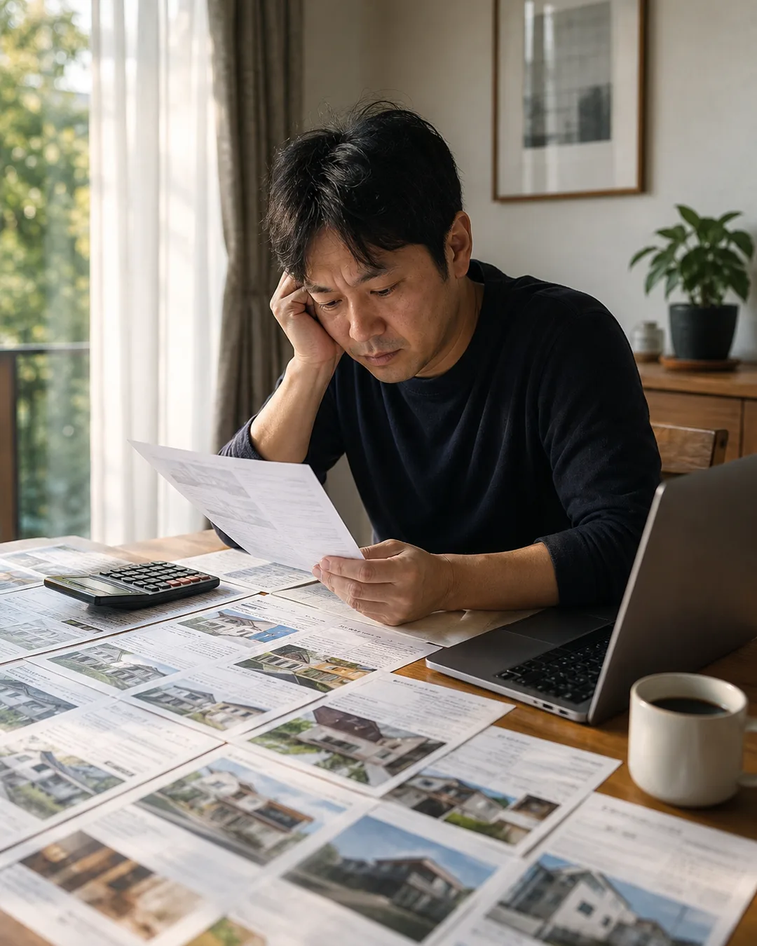40代サラリーマン投資家が土曜朝に電卓と物件資料を睨んでいる